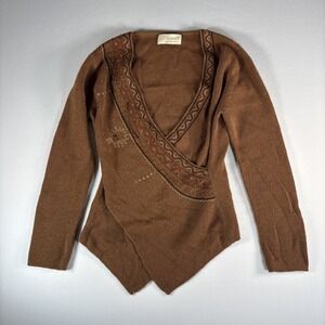 Alpaca7 Sweater Womens Large Brown 100 Baby Alpaca Cross Front Boho Embroidered